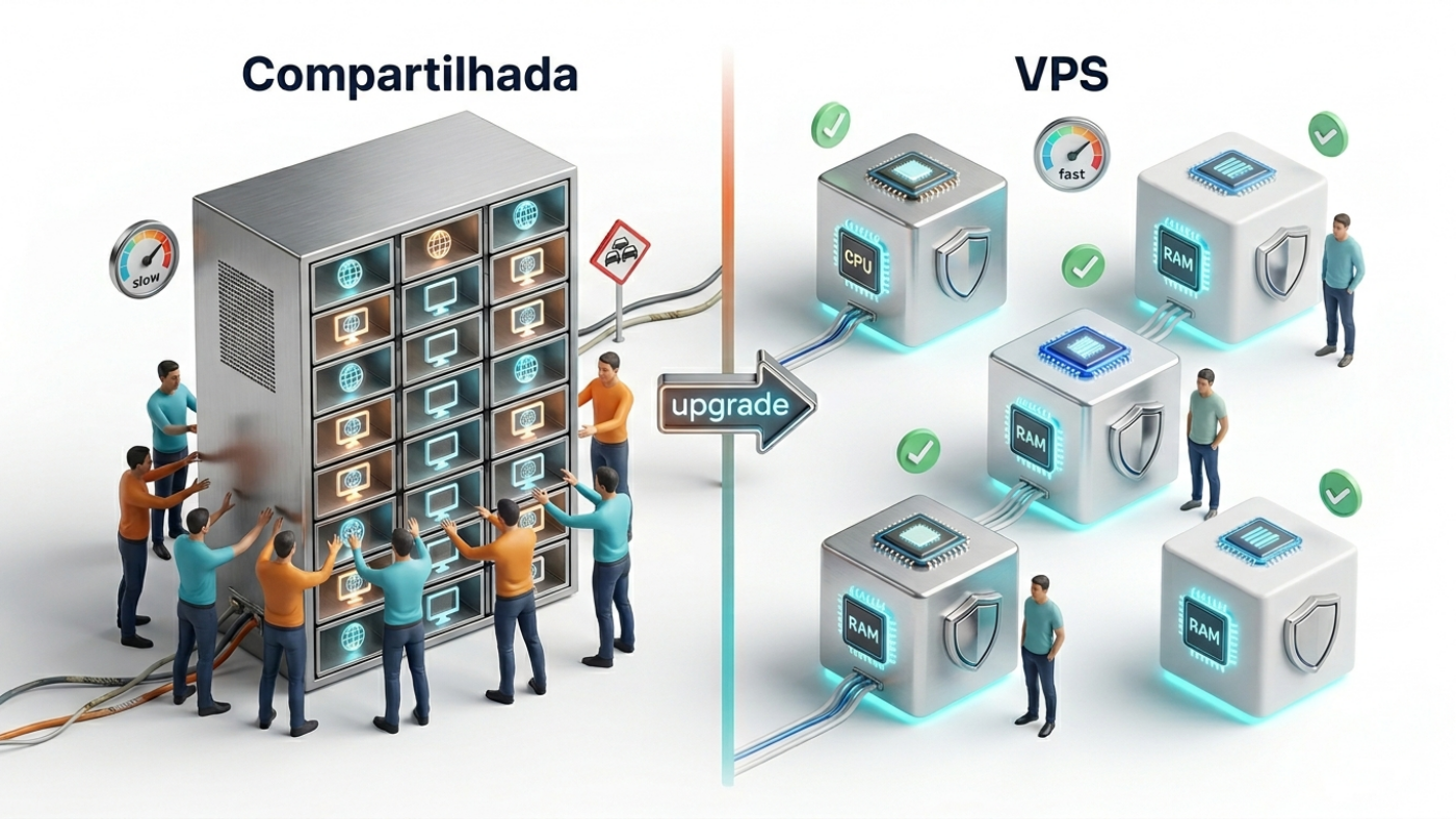Infográfico comparativo entre Hospedagem Compartilhada e Servidor VPS para desenvolvimento web por Zenovex.