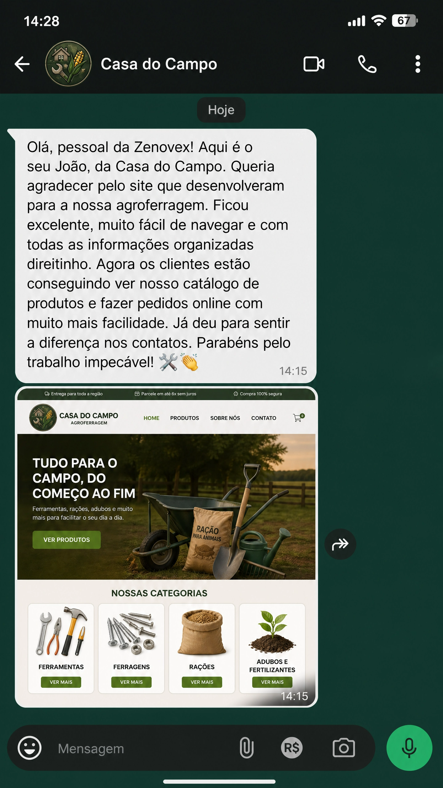 Depoimento de cliente satisfeito com o modelo de site da Zenovex
